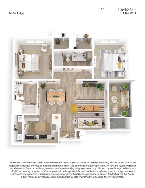 Two Bedroom Two Bath Premium Or Luxury Floor Plan 1166SF